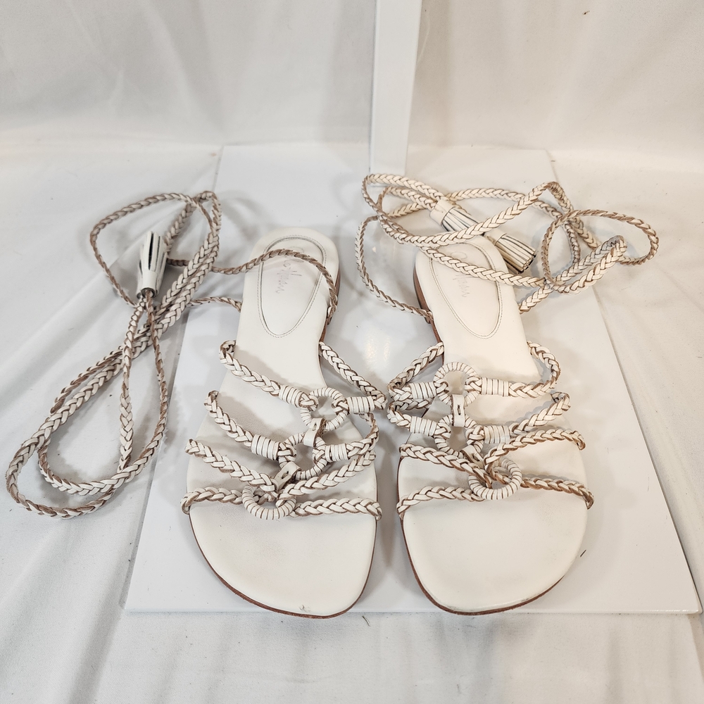 Cole Haan White Braided Leather Lace Up Roman Flat Sandles Size 6.5